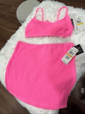 Hot Pink Ribbed Two-Piece Crop Top & Mini Skirt Set